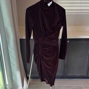 Express Elegant Velvet Long Sleeve Dress in Rich Brown